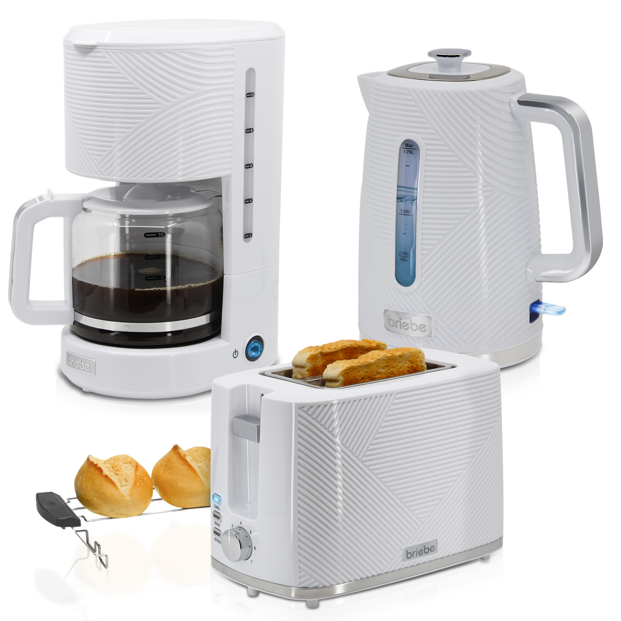 Briebe SKT1178WHT Elegance Set Tostador Pan Ranura Ancha 2 Rebanadas, Hervidor Agua Eléctrico 1,7L Cafetera 1,25L, , Blanco