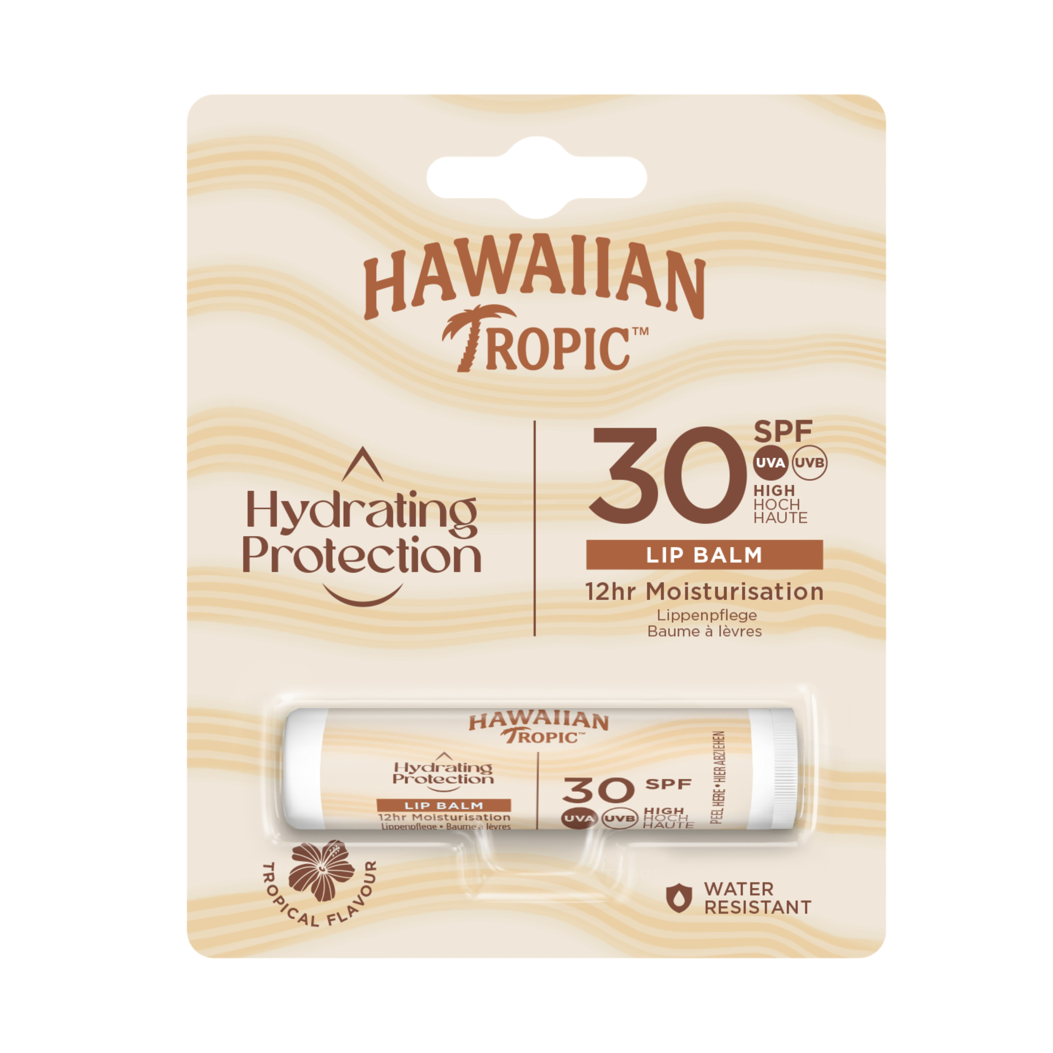 Bálsamo Labial Hidratante SPF 30 con Protección Alta UVA/UVB, Sabor Tropical y Resistente al Agua, 4 ml