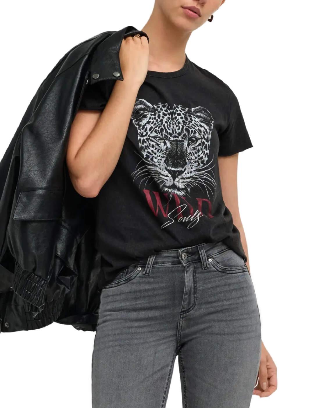 Camiseta Only Lucy negra tigre manga corta para mujer
