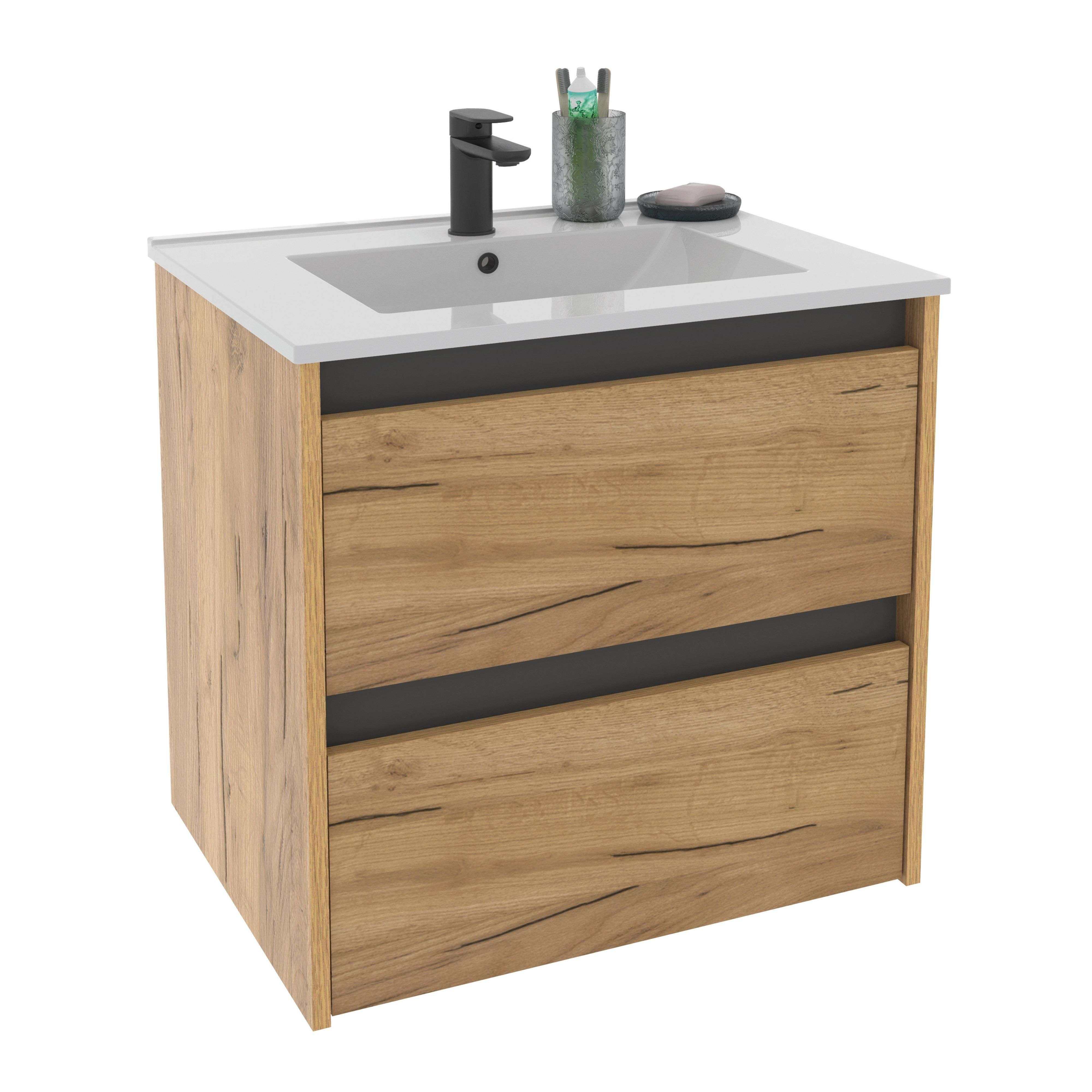 Miroytengo Mueble de Baño Suspendido 60 cm Nilo Roble Kraft y Gris 2 cajones 60x60x46 cm (SIN Lavabo)