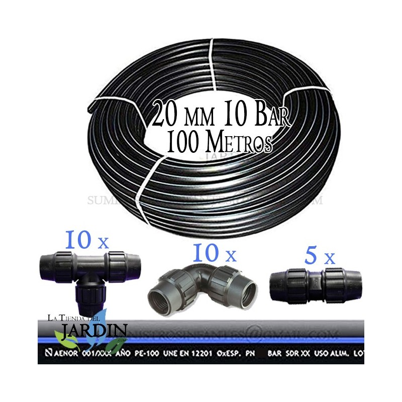 SUINGA Tuberia agua potable 20mm 10 bar 100m | Tuberia 20 mm PE100 Alimentaria alta densidad AENOR | 10 Codos, 10 Tes y 5 Enlaces