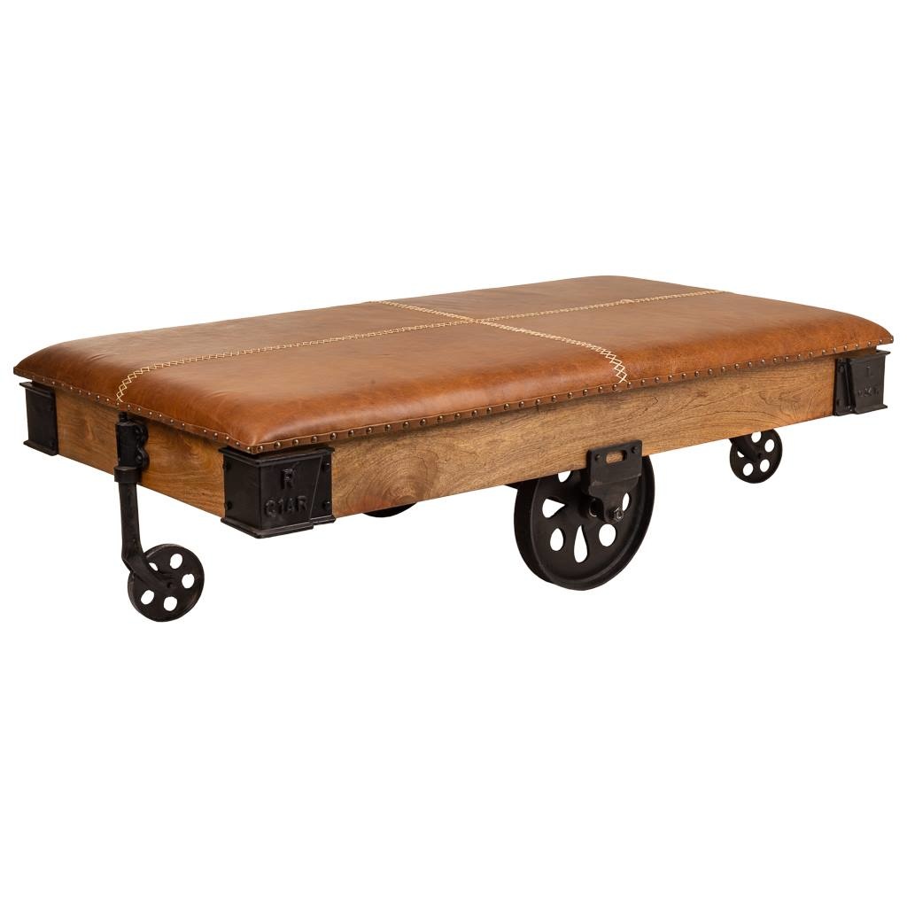 WANDERLUST DECO Mesa de centro de madera, metal y piel marrón 165x90x52h cm de estilo Colonial.Tiene 4 puertas