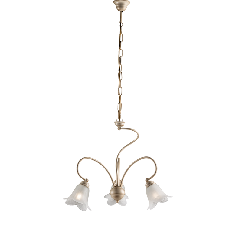 Lámpara de araña Alice en hierro lacado marfil con decoración. Difusores de oro antiguo y cristal d. 14 alabastro blanco 3 luces 106 Ø50 - Belight