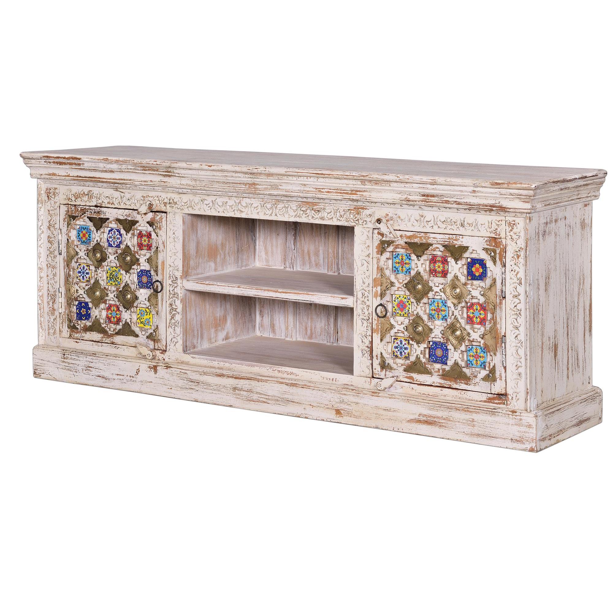 Mueble de TV madera de mango detalles en cerámica y bronce