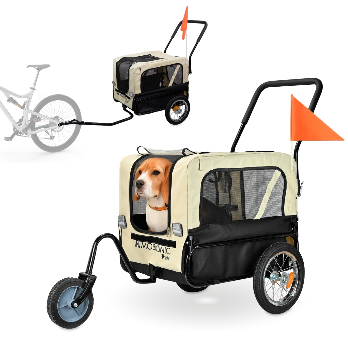 Remolque para perros y Carro de transporte Mobiclinic 2 x 1 Cubierta impermeable 40Kg 600D Oxford 110x54x94 cm Bark