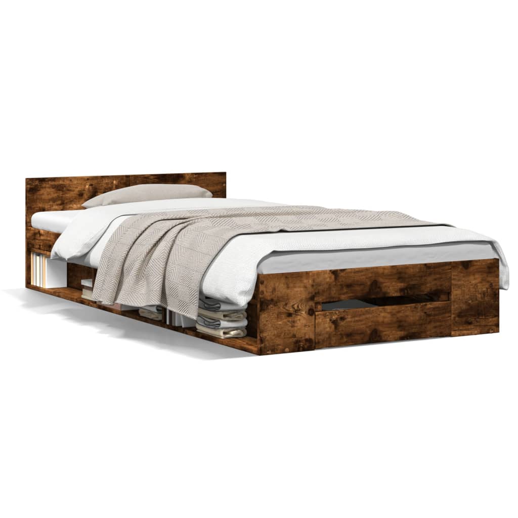 vidaXL Cama con cajón madera de ingeniería roble ahumado 90x190 cm