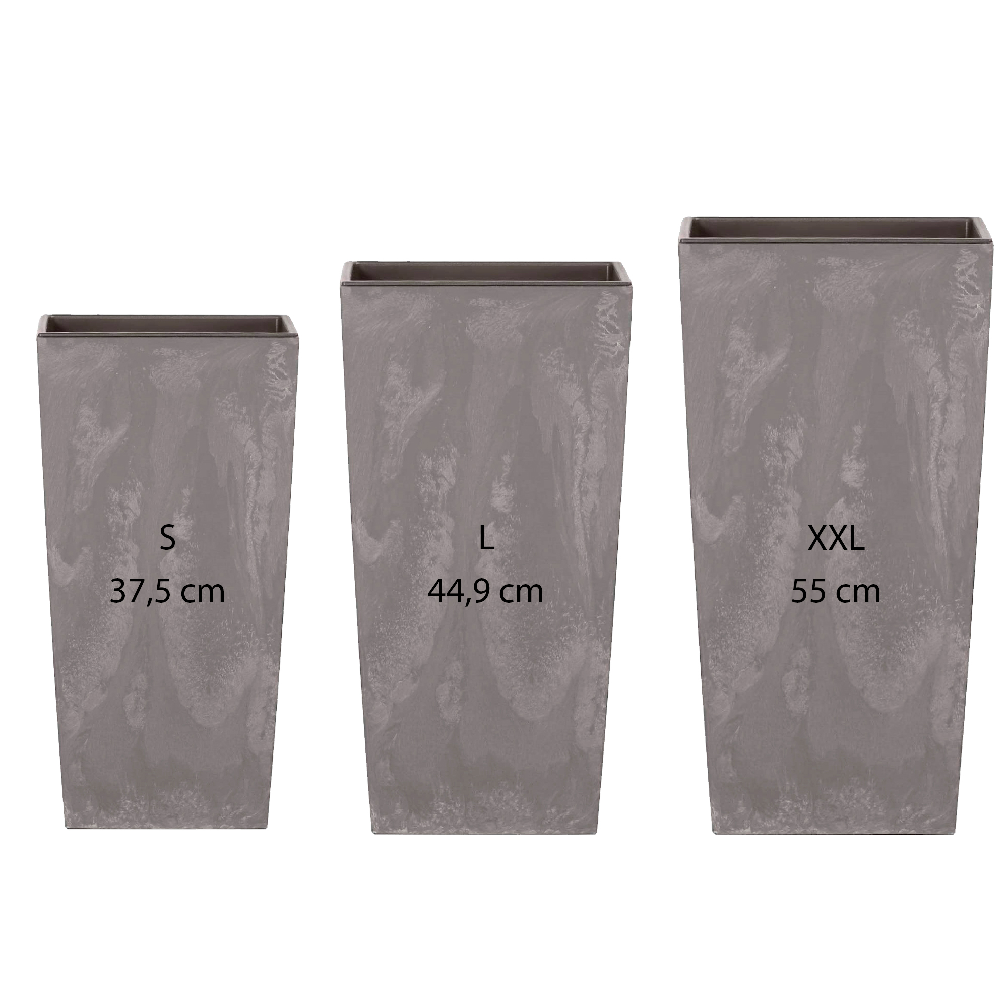 Pack 3 macetas altas PROSPERPLAST (11,4/19/35 litros) Urbi Square Effect de plástico en color gris claro con deposito.