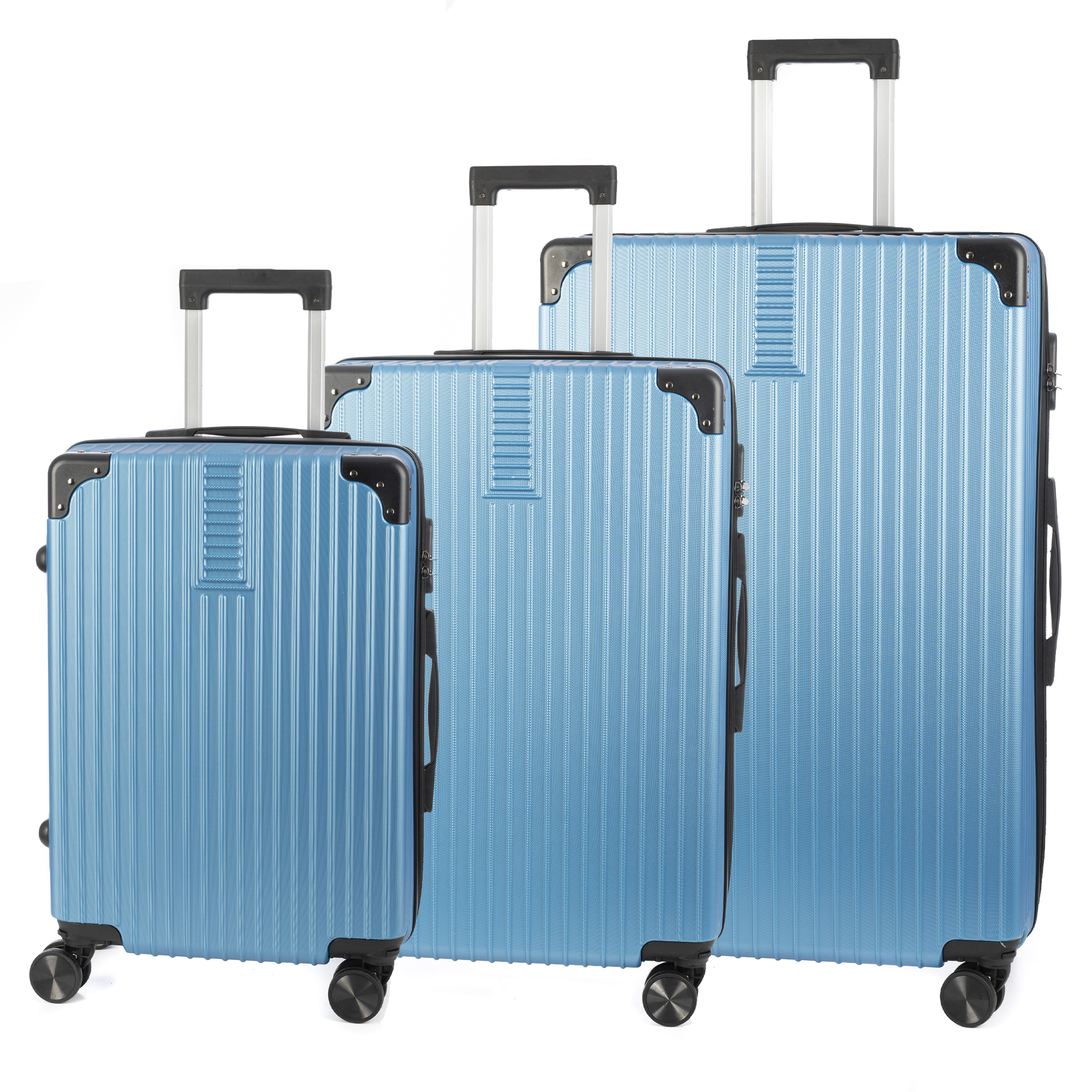 DAM Juego de 3 maletas Trolley, en material ligero ABS de alta resistencia con esquinas reforzadas. Cerradura numérica y 4 ruedas dobles extraíbles y giratorias 360°.  52x31x78Cm