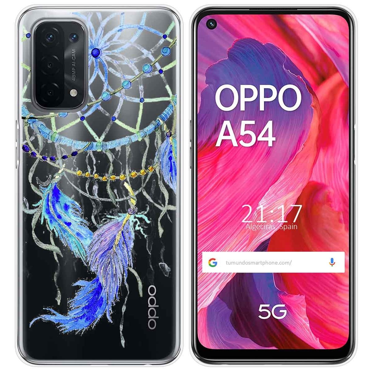 Tumundosmartphone Funda Gel Transparente para Oppo A54 5G / A74 5G diseño Plumas Dibujos