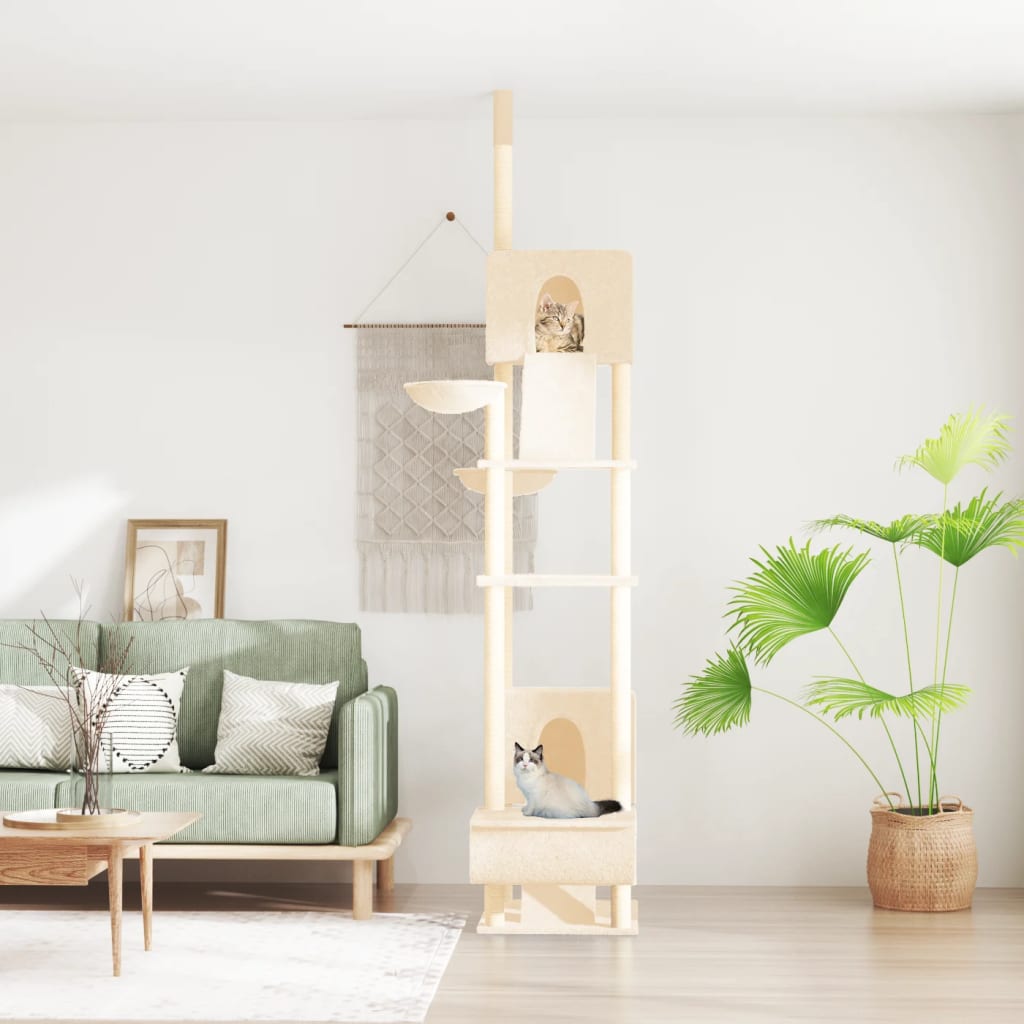 vidaXL Árbol Rascador para Gatos de Suelo a Techo 277-303 cm Casa Torre Color Crema,  Gris claro,  Gris oscuro y mas