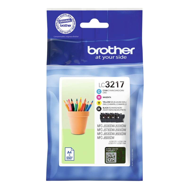 Original Brother LC3217VAL Ink Cartridge Multipack with 4 Pieces in Black, Cyan, Magenta, Yellow - High Quality, 550 Pages Yield per Color, Compatible with Brother MFC Series Printers