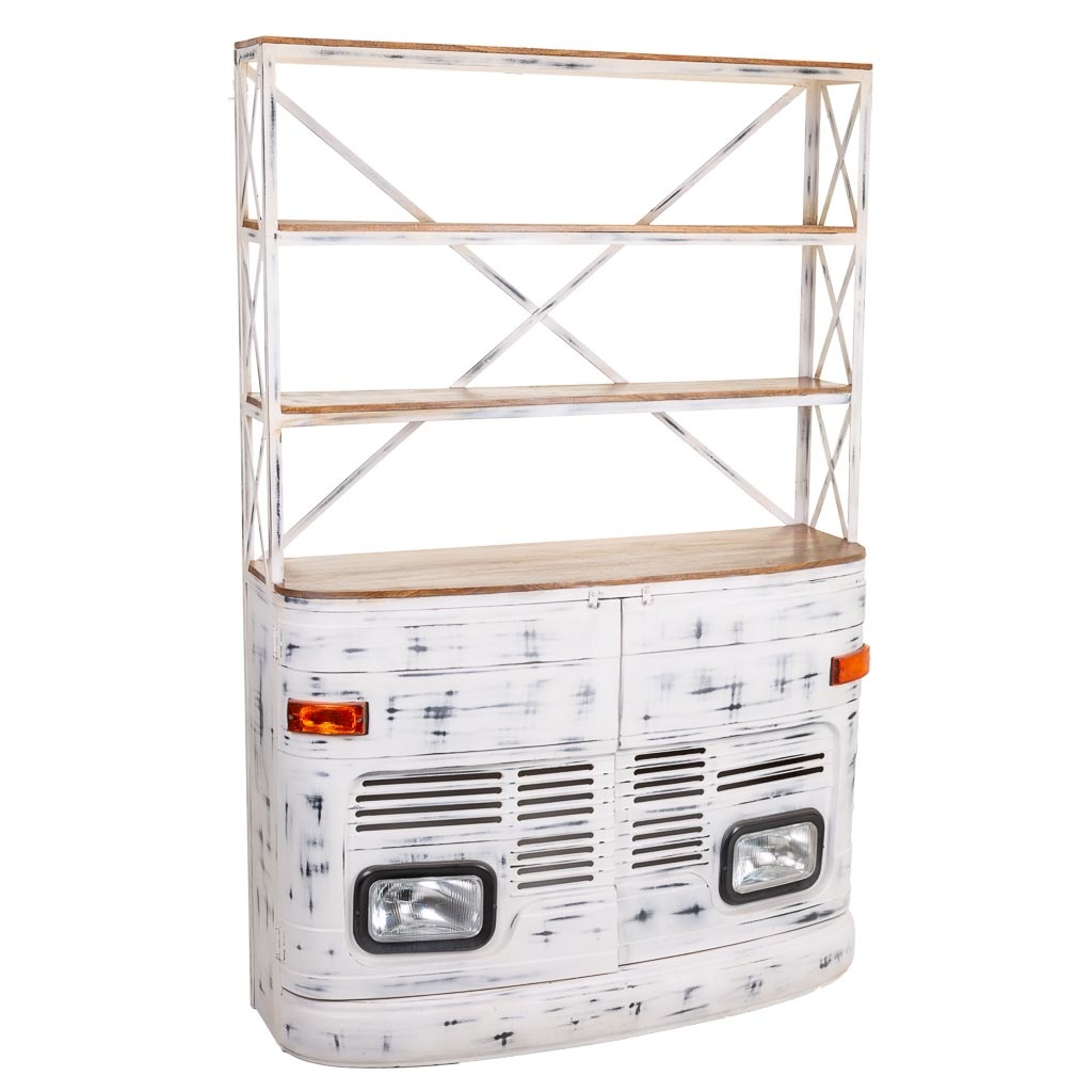WANDERLUST DECO Estantería Coche Blanco Rute 66 - Botellero Tractor - Madera y Metal Lacado - Decoración Creativa