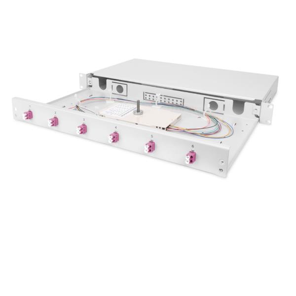 DIGITUS Caja de empalmes LWL 6 acoplamientos LC - OM4 - 1HE 19 pulgadas - Dúplex multimodo - Con cassette de empalme - Montaje en bastidor