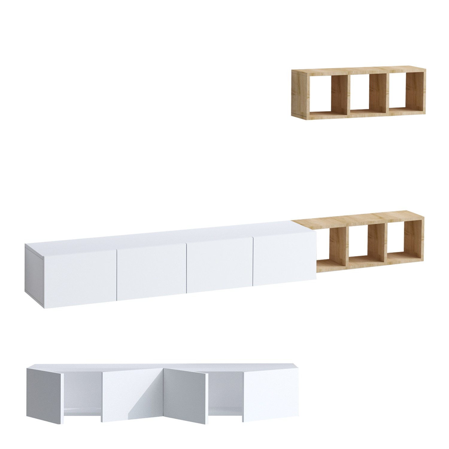Habitat y Jardin - Mueble TV suspendido "Pia" con estante de madera - 215 x 32 x 25 cm - Blanco