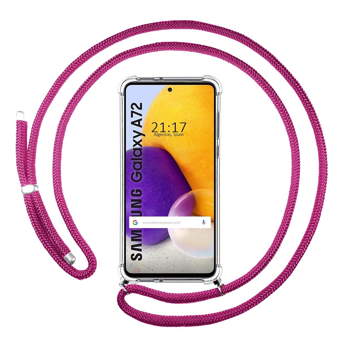 Tumundosmartphone Funda Colgante Transparente para Samsung Galaxy A72 con Cordon Rosa Fucsia