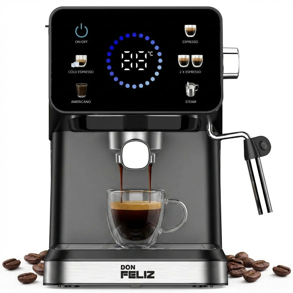 Máquina de café Espresso Digital, cafe molido y capsulas Compatibles Nespresso, cafetera 20 Bar, 1350W, Pantalla LCD, Vaporizador Acero Inoxidable, Depósito 1.5L, Don Feliz