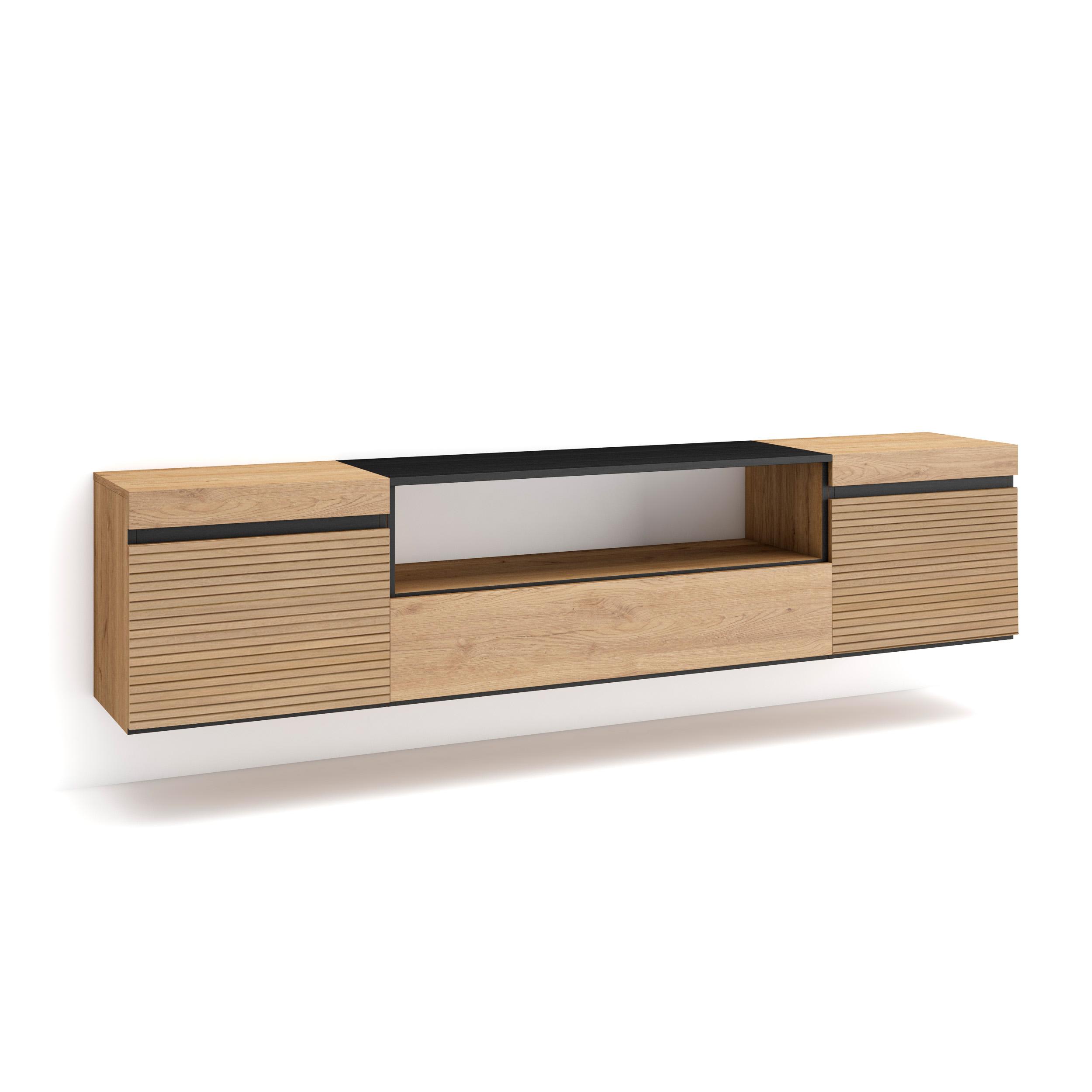 Skraut Home, Mueble TV, Televisión, Muebles de salón, almacenaje, 200x35x45cm, Para TV hasta 80", Colgado, Suspendido, Estilo Moderno, color Roble