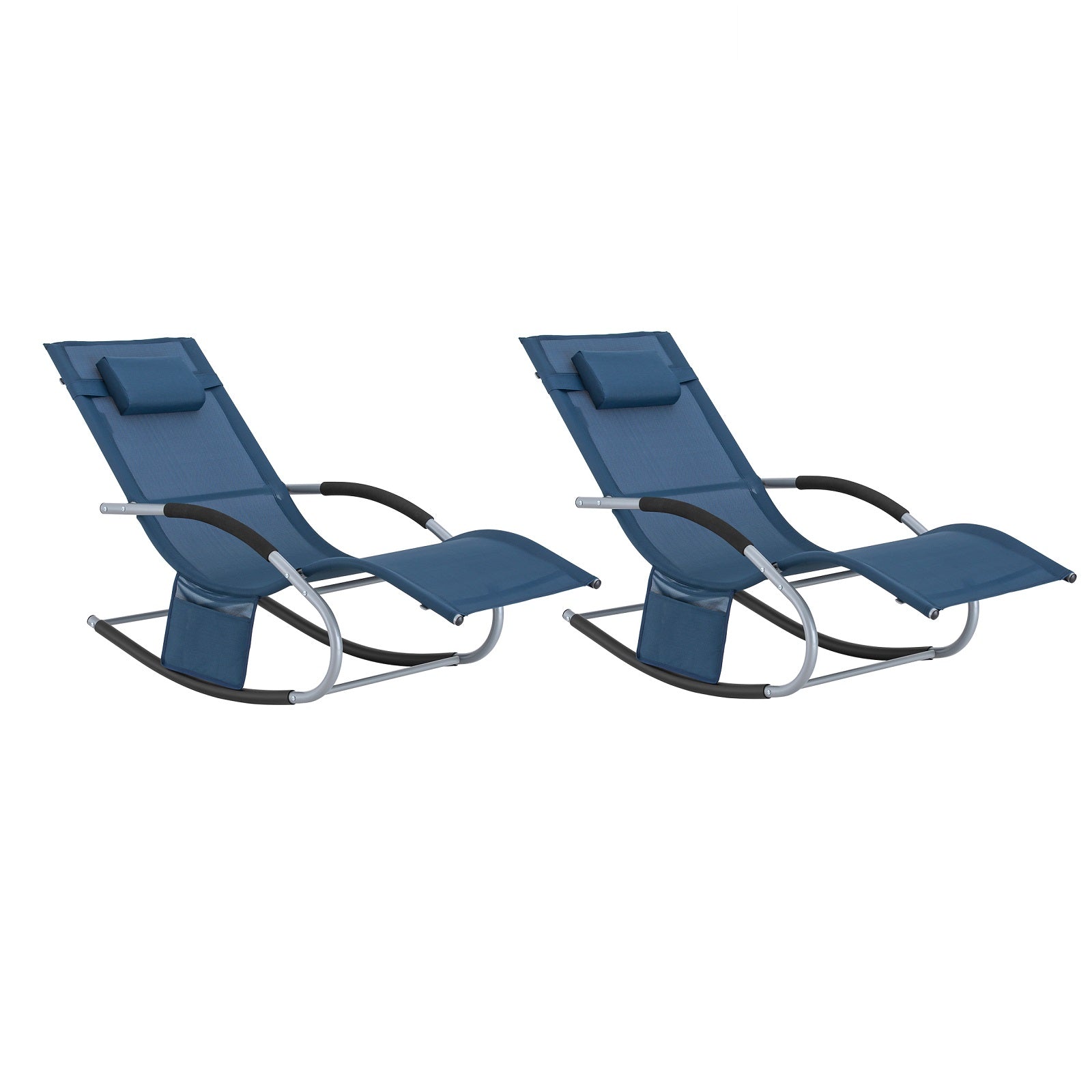 SoBuy Set de 2 Tumbonas Mecedoras con Almohada y Bolsillo Lateral Estructura de Hierro Malla Transpirable Teslin Cómodo Soporta hasta 150 kg Color Azul Marino 63 x 150 x 83 cm OGS28-NBx2 ES