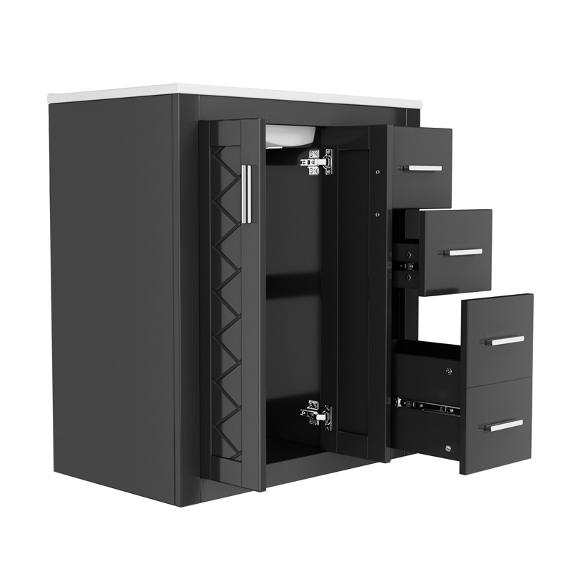 Meuble sous-vasque noir 76 cm avec lavabo en céramique, trois tiroirs et deux portes