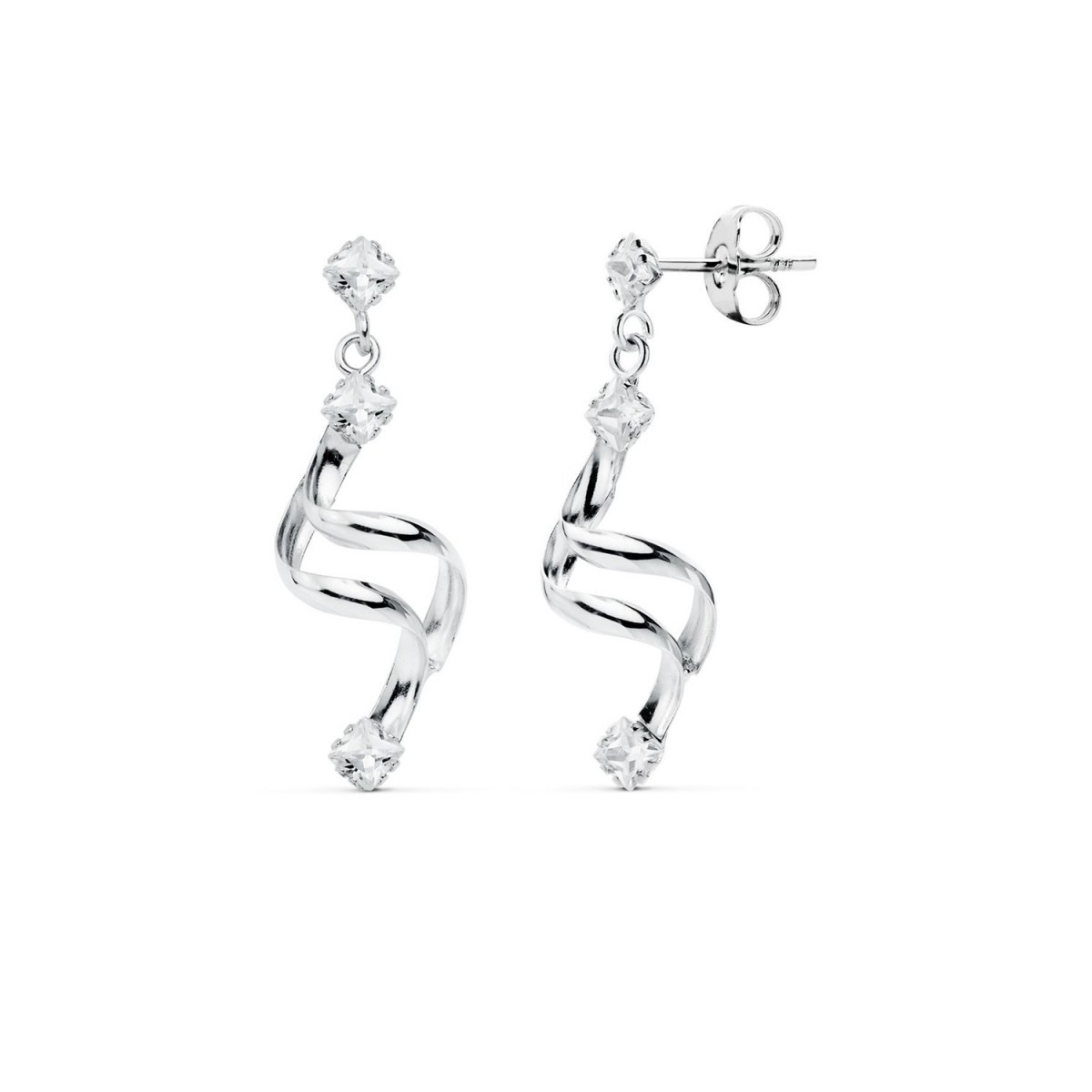Pendientes oro blanco 18k mujer largos 30mm. puntas circonitas forma tirabuzón cierre presión