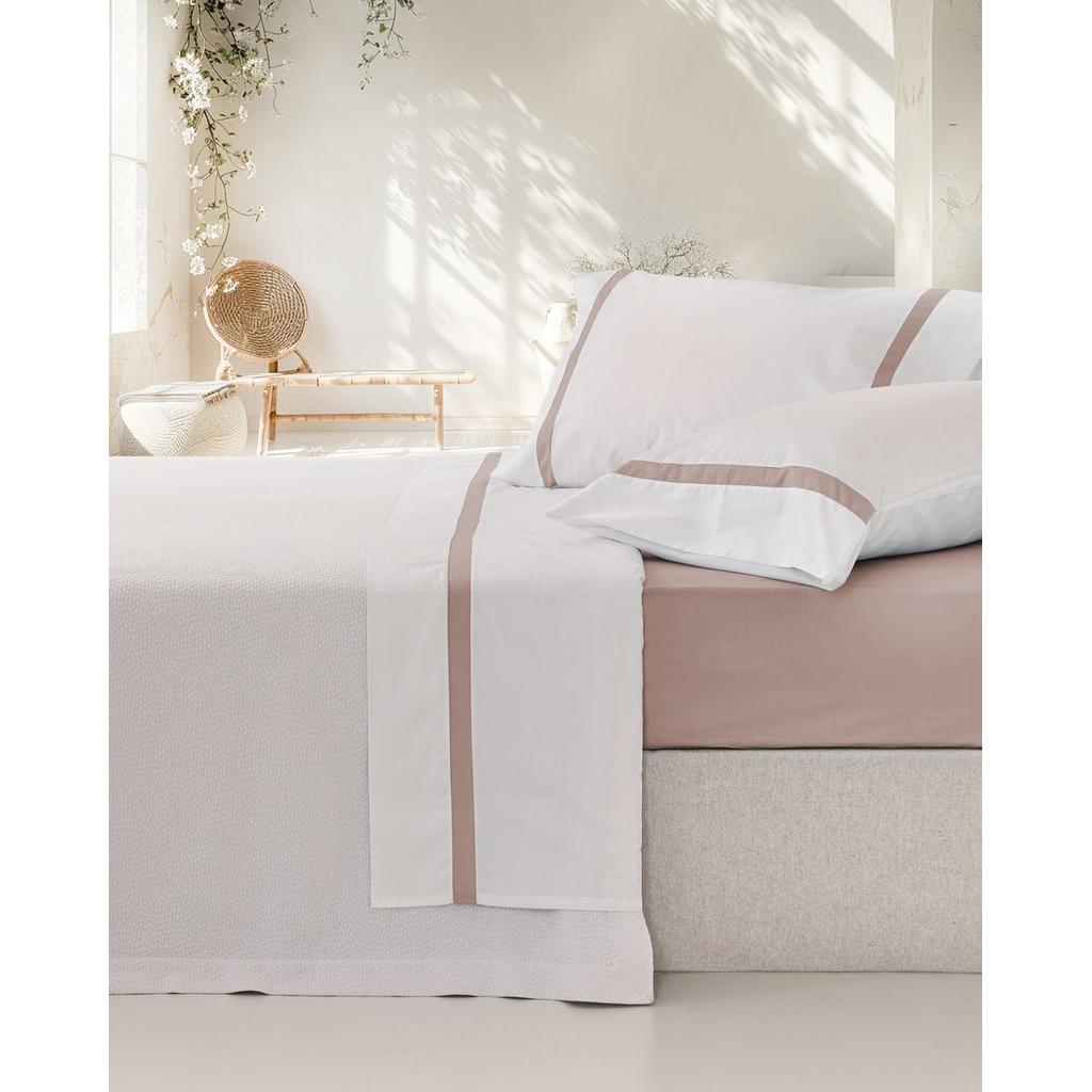Juego de Sábanas 100% Algodón, Percal Peinado 200 Hilos, Color Blanco-Rosa, Vidal Home
