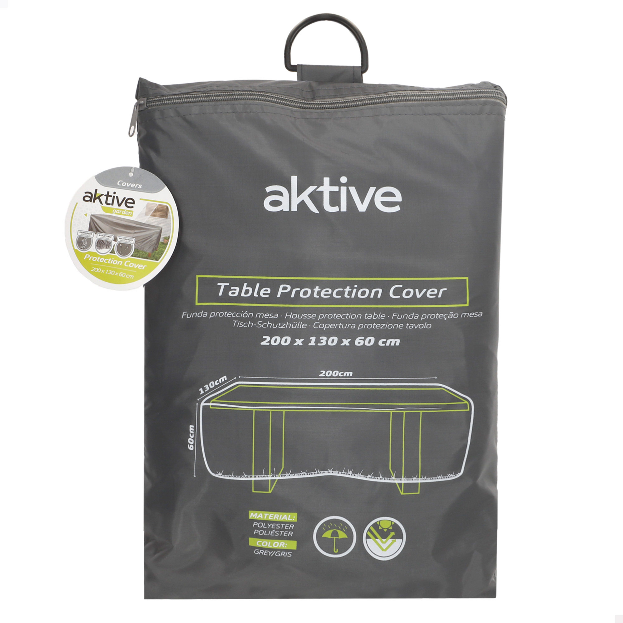 Aktive - Funda protectora mesa jardín, 200x130x60 cm, rectangular, impermeable, gris, poliéster, cierre ajustable, protección polvo y lluvia, con bolsa, exterior, interior, funda muebles