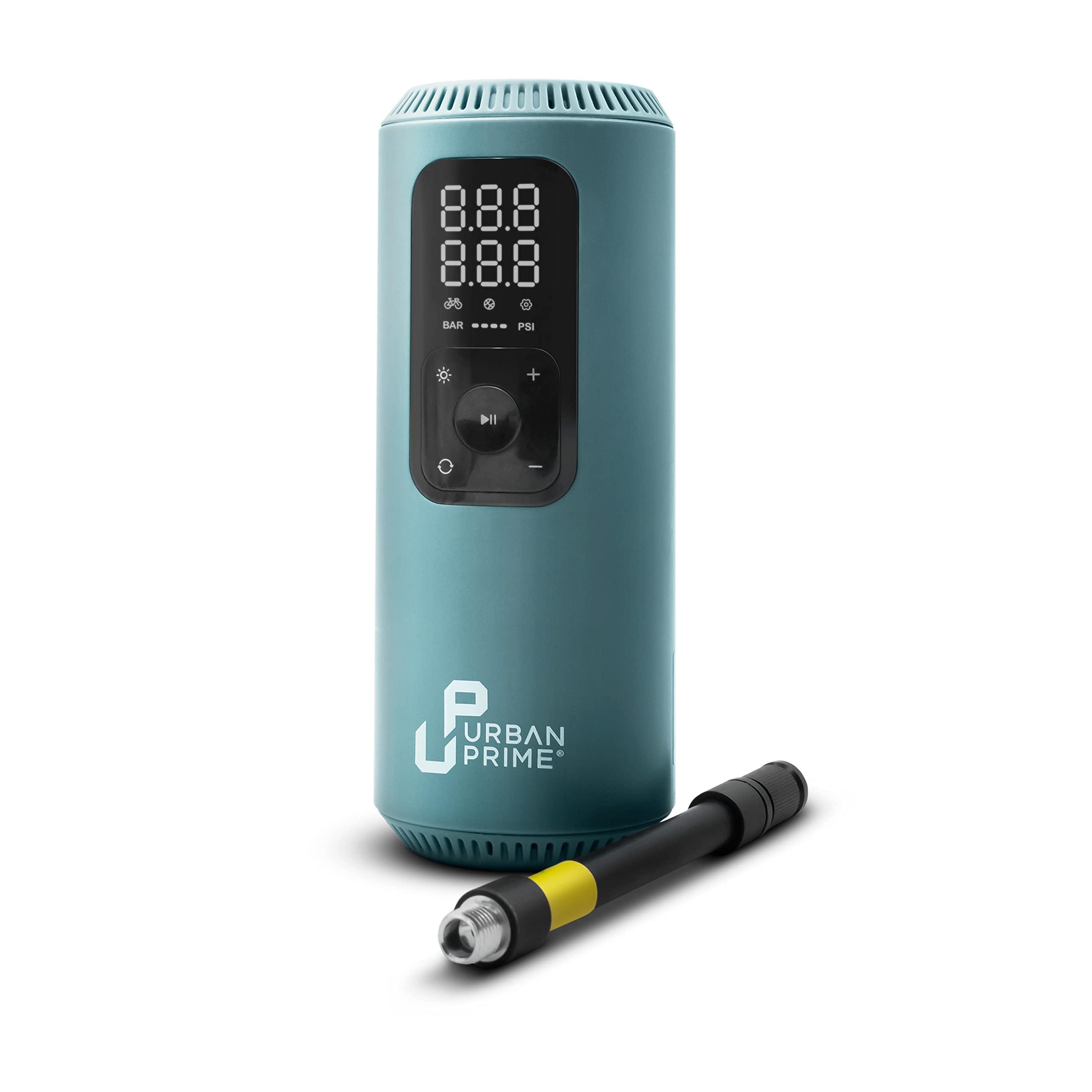 Urban Prime Portable Electric Air Compressor XP - Compresor portátil para bicicletas, motos, scooters, balones, con sensor de presión, luz LED integrada, 150 PSI, 2x1.200 mAh
