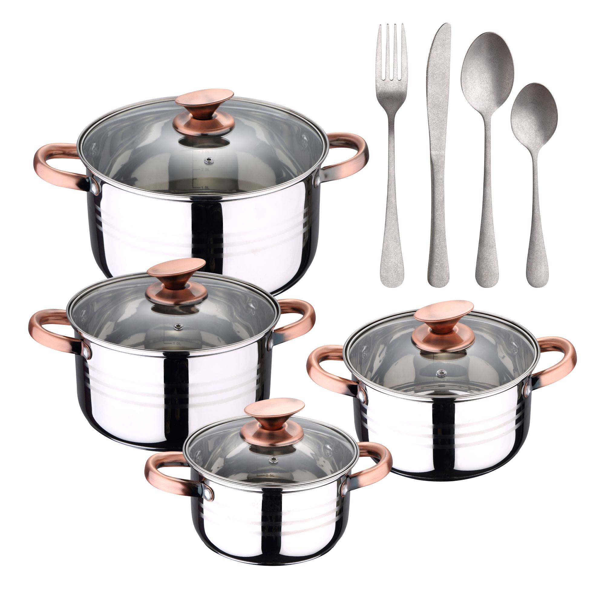 Bateria 8pc acero inoxidable apta para inducción Colección San Ignacio Premium +  Delantal de Cocina Gris oscuro 100% Algodón 75x80cm
