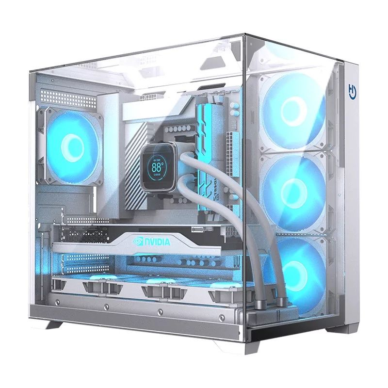 Hiditec - Caja de CPU CHA010057 para PC ATX con panel frontal plateado y transparente, iluminación RGB, USB 3.1 Type-C y soporte para refrigeración líquida