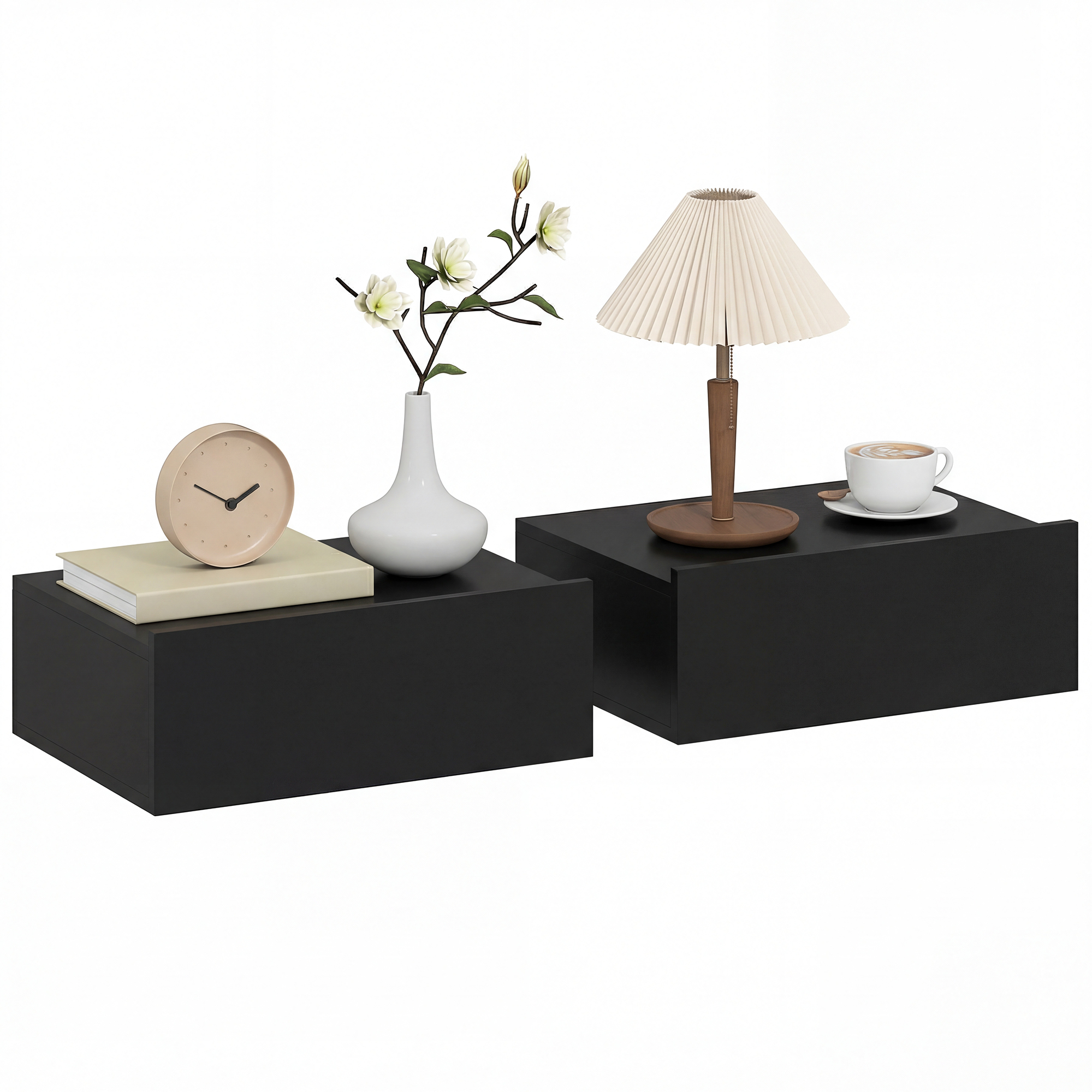 HOMCOM Set de 2 Mesillas de Noche de Pared, Mesitas de Noche Flotantes con 1 Cajón, Mesas Auxiliares para Dormitorio, Habitación Hogar, Diseño Sencillo, 40x30x15 cm, Negro