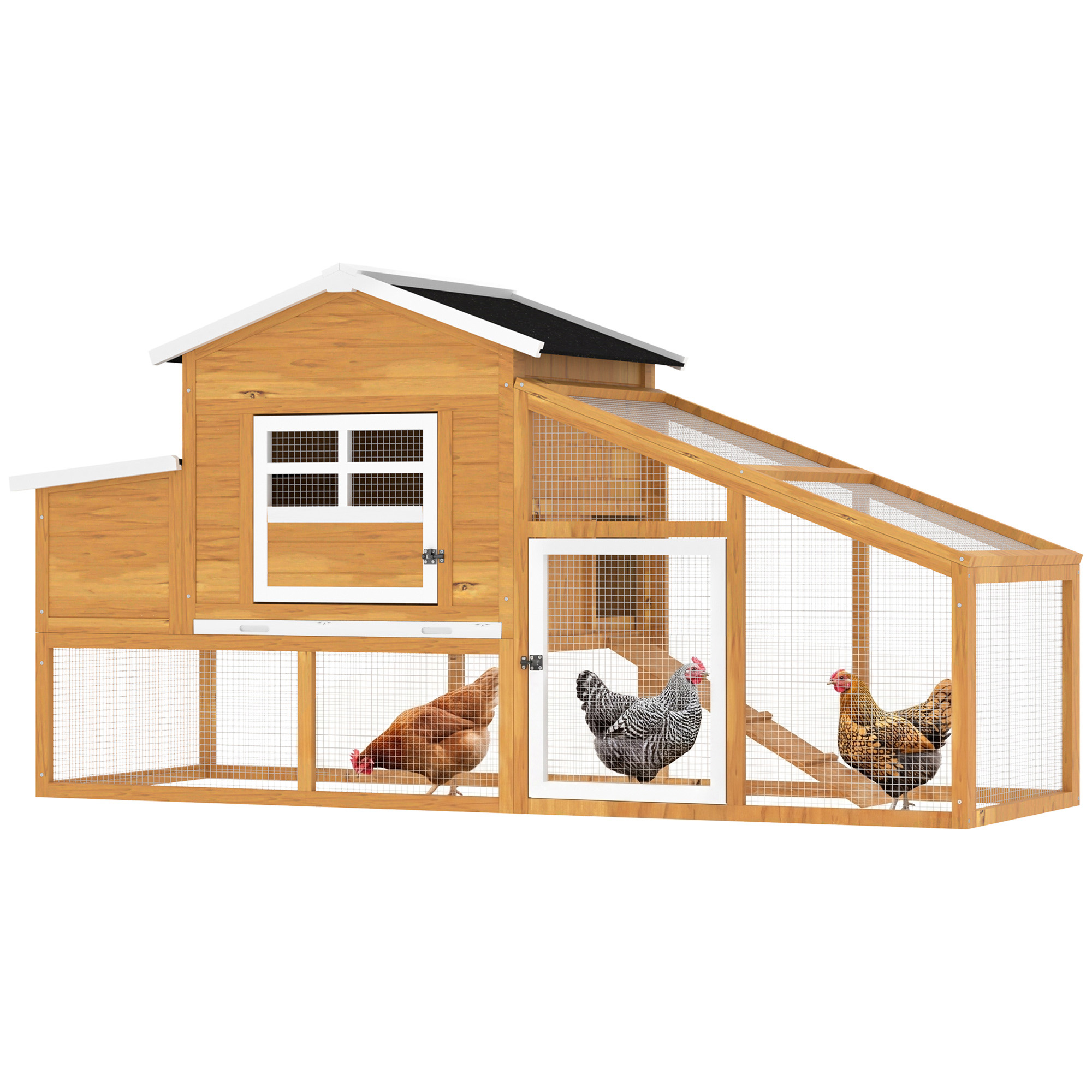 PawHut Gallinero de Madera Exterior Jaula para 2-4 Gallinas con Corral de Alambre Techos Asfálticos Nido Bandeja Extraíble y Rampa 200x80x105 cm Marrón
