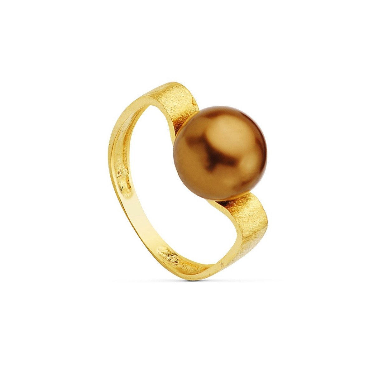 Sortija oro 18k rayada centro perla chocolate 10mm.