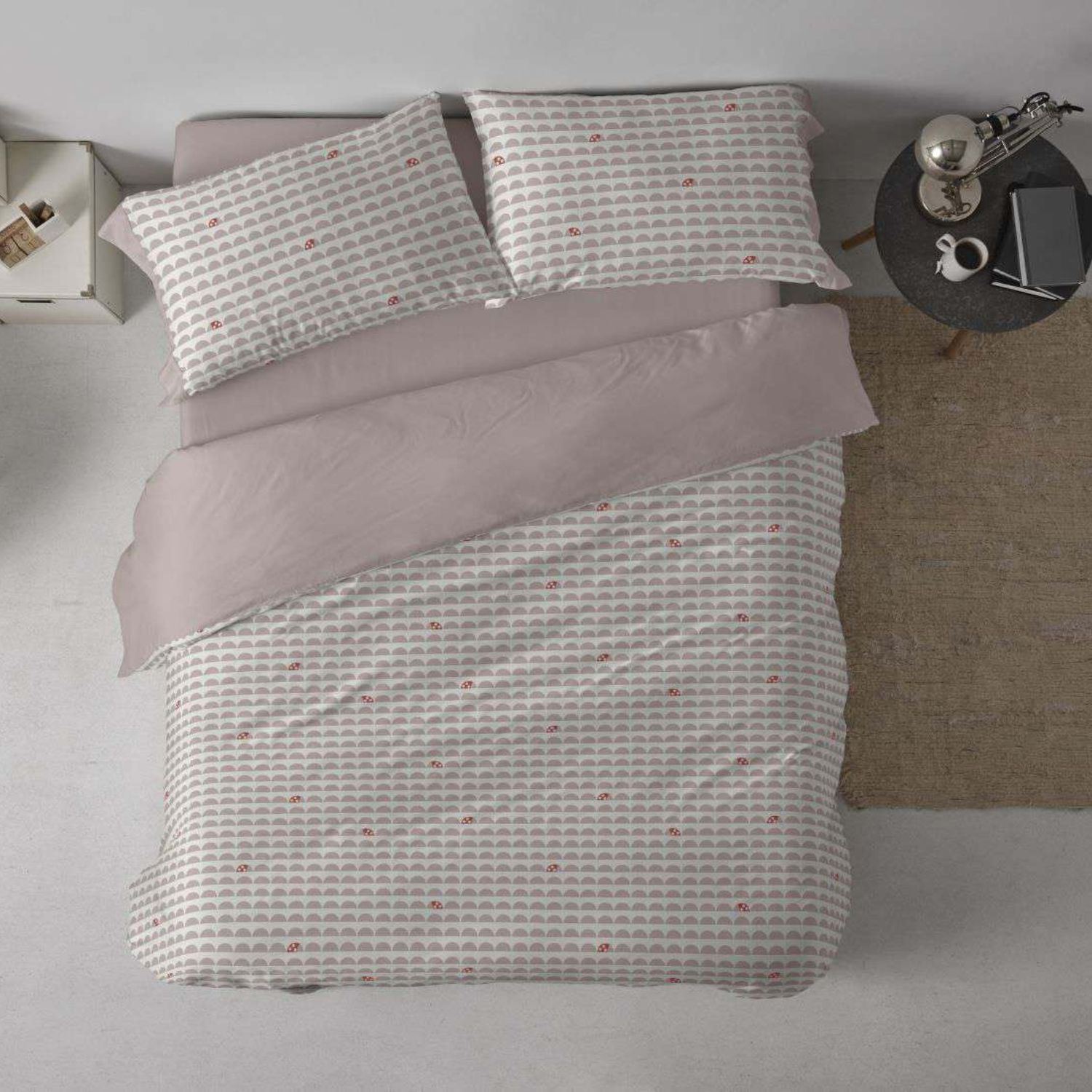 Funda Nórdica Infantil BURRITO BLANCO 50% Algodón Diseño Geométrico Mariquitas Lino - Tacto Suave, Fácil Planchado - Cama 90-200cm