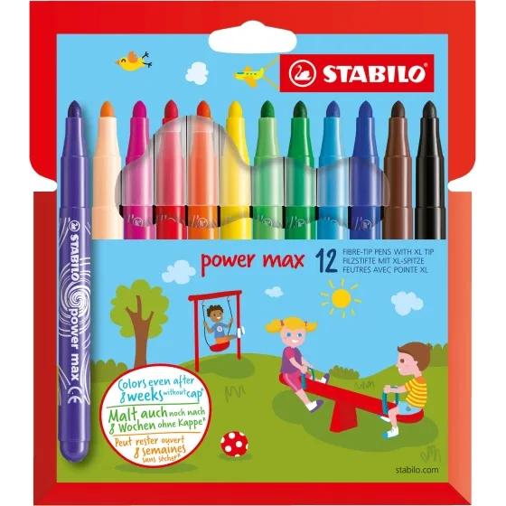 Stabilo power max pack de 12 rotuladores de punta gruesa - trazo 3mm - tinta lavable - no se seca - colores surtidos