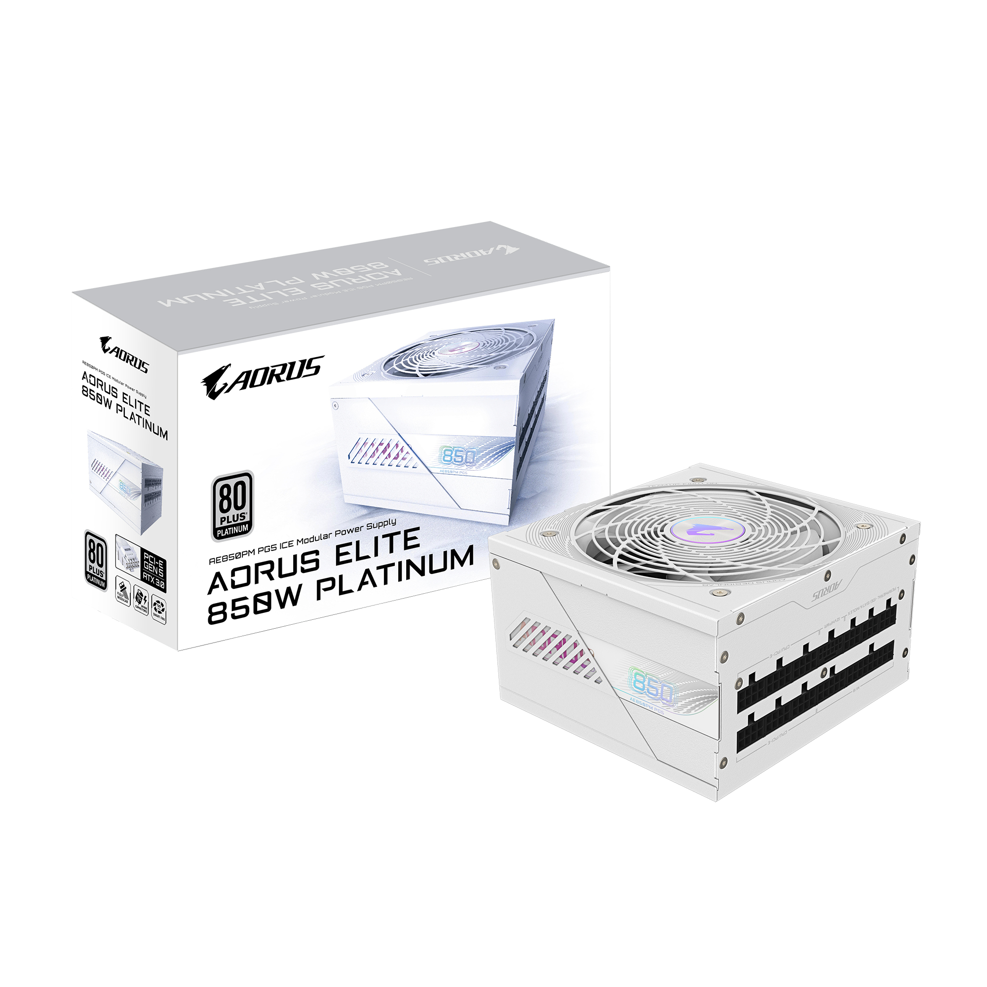 GIGABYTE AORUS ELITE P850W ICE Fuente de Alimentación - PCIe 5.0, 80 PLUS Platinum, Diseño completamente modular, Ventilador de 120 mm, Compatible con ATX 3.0, Enchufe UE