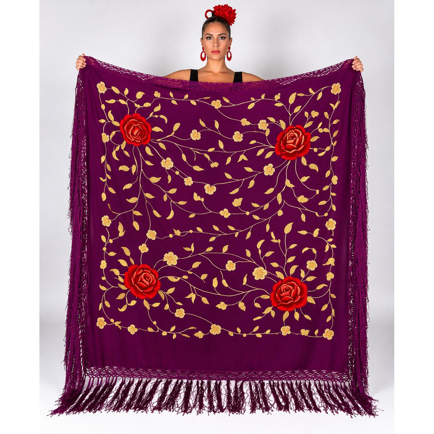 Mantón Cuadrado Grande- MEDIDA 150X150cm sin contar los flecos. Flamenco Bordado con Flecos | Mantón Español Tradicional para Baile, Feria y Eventos Flamencos