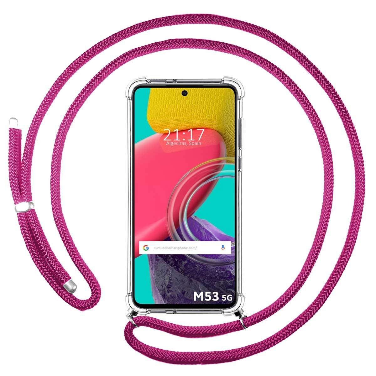 Funda Colgante Transparente para Samsung Galaxy M53 5G con Cordon Rosa Fucsia