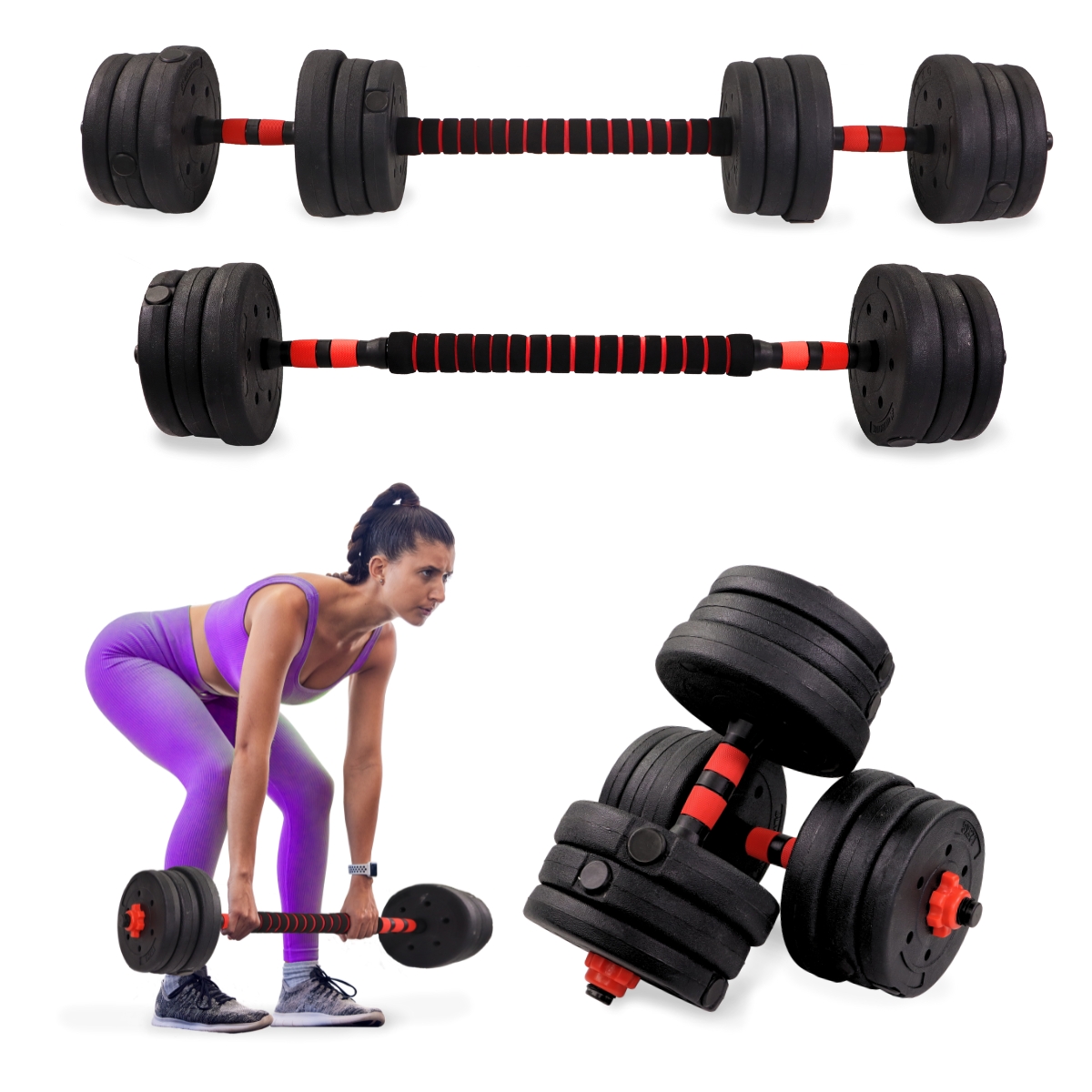 Mancuernas ajustables 2 en 1 Mobiclinic® ExtenFit Peso de 2-20 kg Incluye mancuernas y barra de extensión acolchada Tuercas antideslizantes Acero resistente Gym en casa