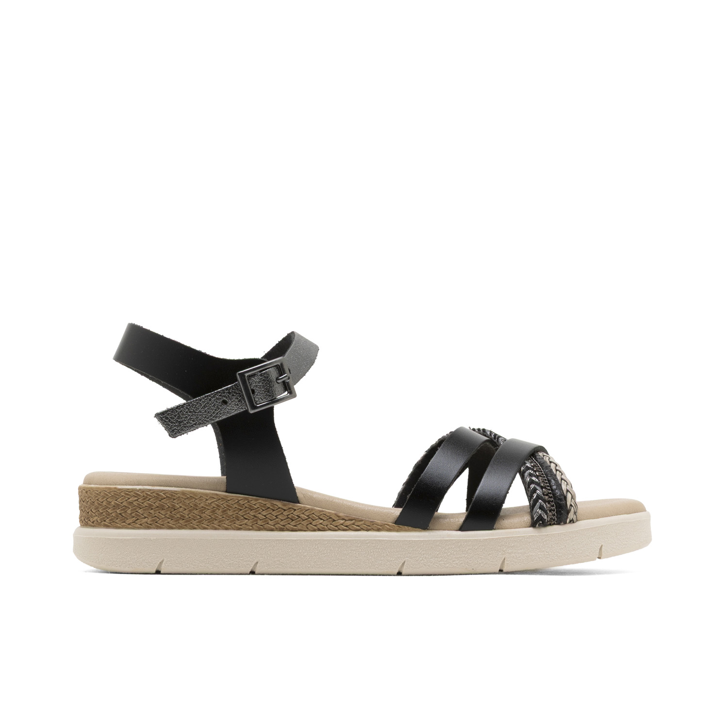 Sandalia de Cuña de Piel Fabiana Negro Plomo: Elegancia y Confort con Hebilla Ajustable, Plantilla Acolchada y Suela Antideslizante; Cuña de 4 cm, Plataforma de 1,5 cm; Artesanalmente Hecha en España;