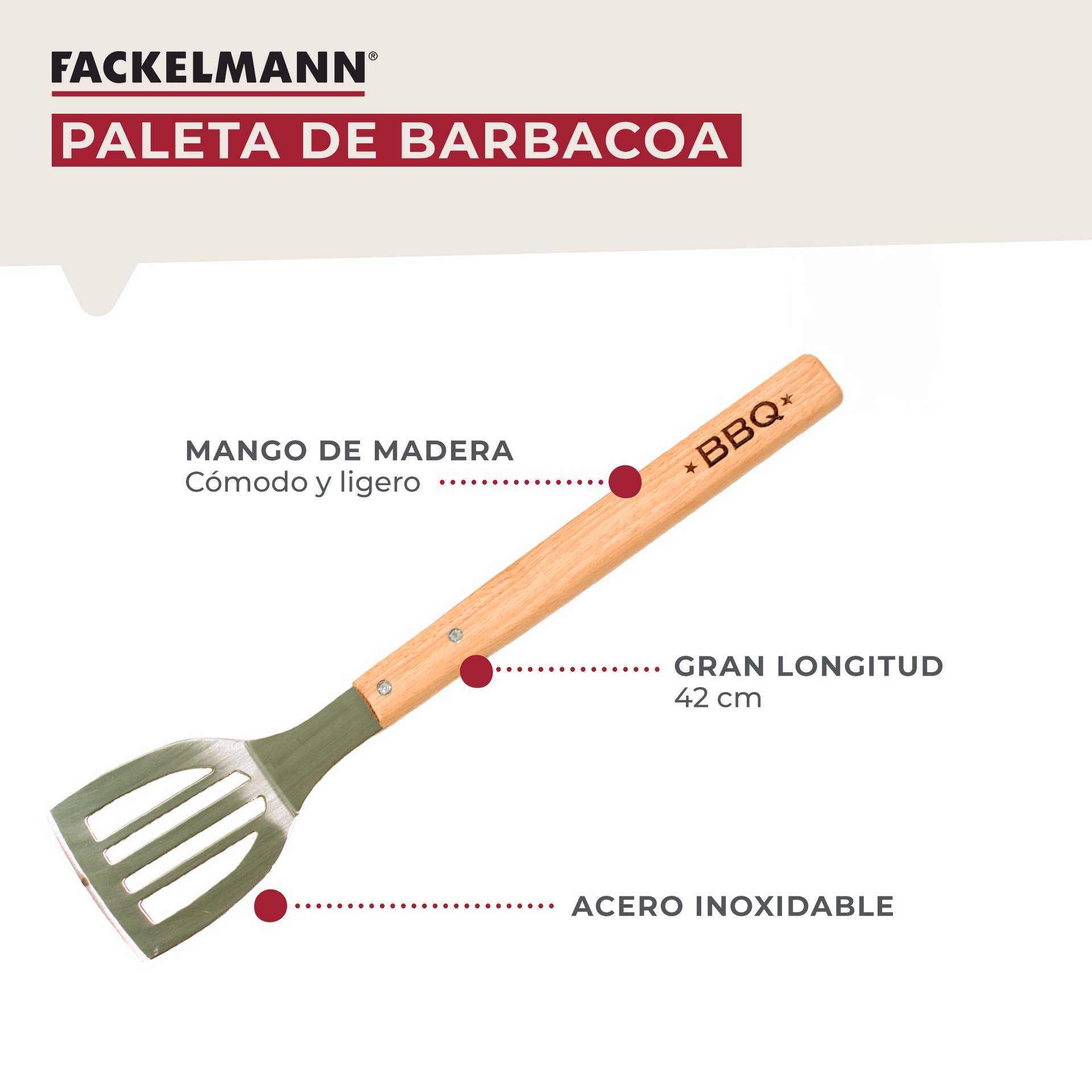Fackelmann Paleta Cocina Extra Larga especial para Barbacoa con parte funcional en Acero Inoxidable y Mango de Madera, Evita Quemaduras al cocinar al Aire Libre, 42,5x9x2cm, 1ud.