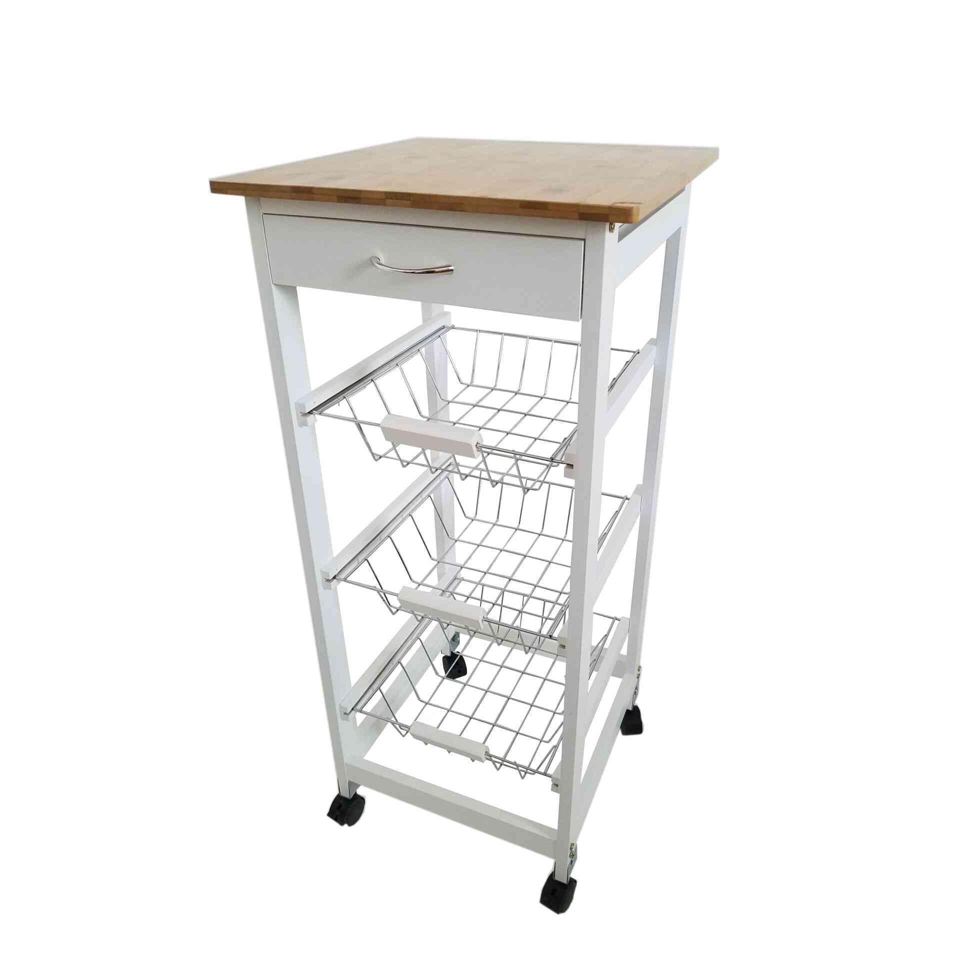 Meyvaser Verdulero frutero, Carro de Cocina con Ruedas, 37x37x85 Blanco Tapa Madera Oporto 6