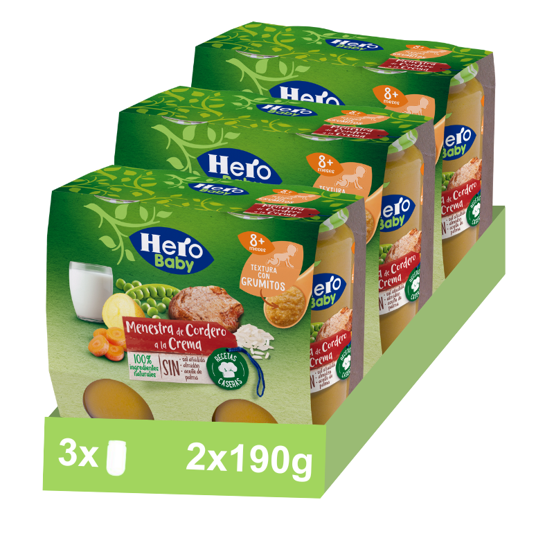 Hero - Hero Baby Pack Tarritos de Menestra de Cordero a la Crema. Para Bebés de a Partir de 8 meses. 3 Packs de 2x190gr