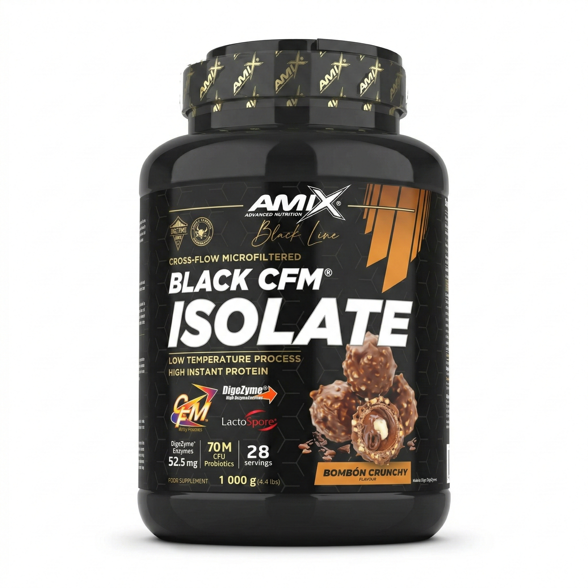 Amix Black Line - Black CFM Isolate 1kg - Proteína Aislada de Suero (Whey Isolate) - Con Probióticos (LactoSpore®) y Enzimas (DigeZyme®) - Endulzado con Stevia - Recuperación Muscular