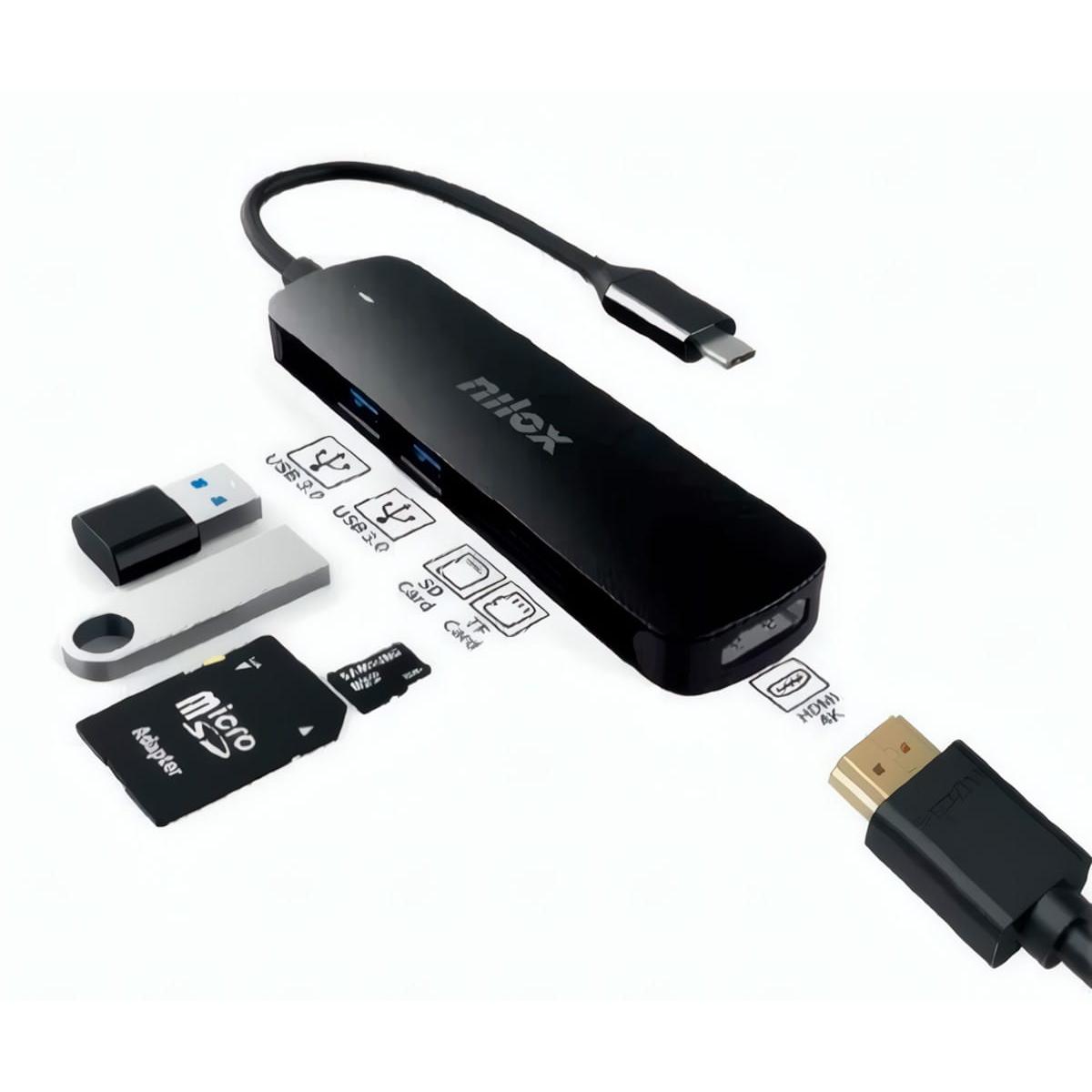 NILOX NXDSUSBC05 Negro / Adaptador USB-C 5 en 1, HDMI, USB 3.2 Gen1, sd/tf