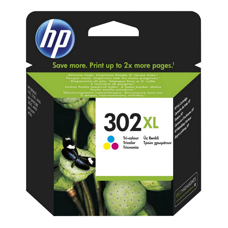 HP 302XL Original High Capacity Tricolor Ink Cartridge for HP Printers, 8ml, yields 300 pages, features dye-based ink technology, designed for reliable, high-quality photo and document printing.