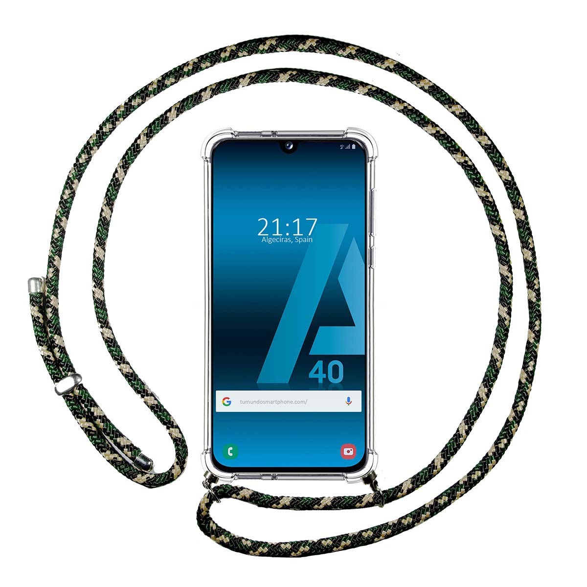 Tumundosmartphone Funda Colgante Transparente para Samsung Galaxy A40 con Cordon Verde / Dorado