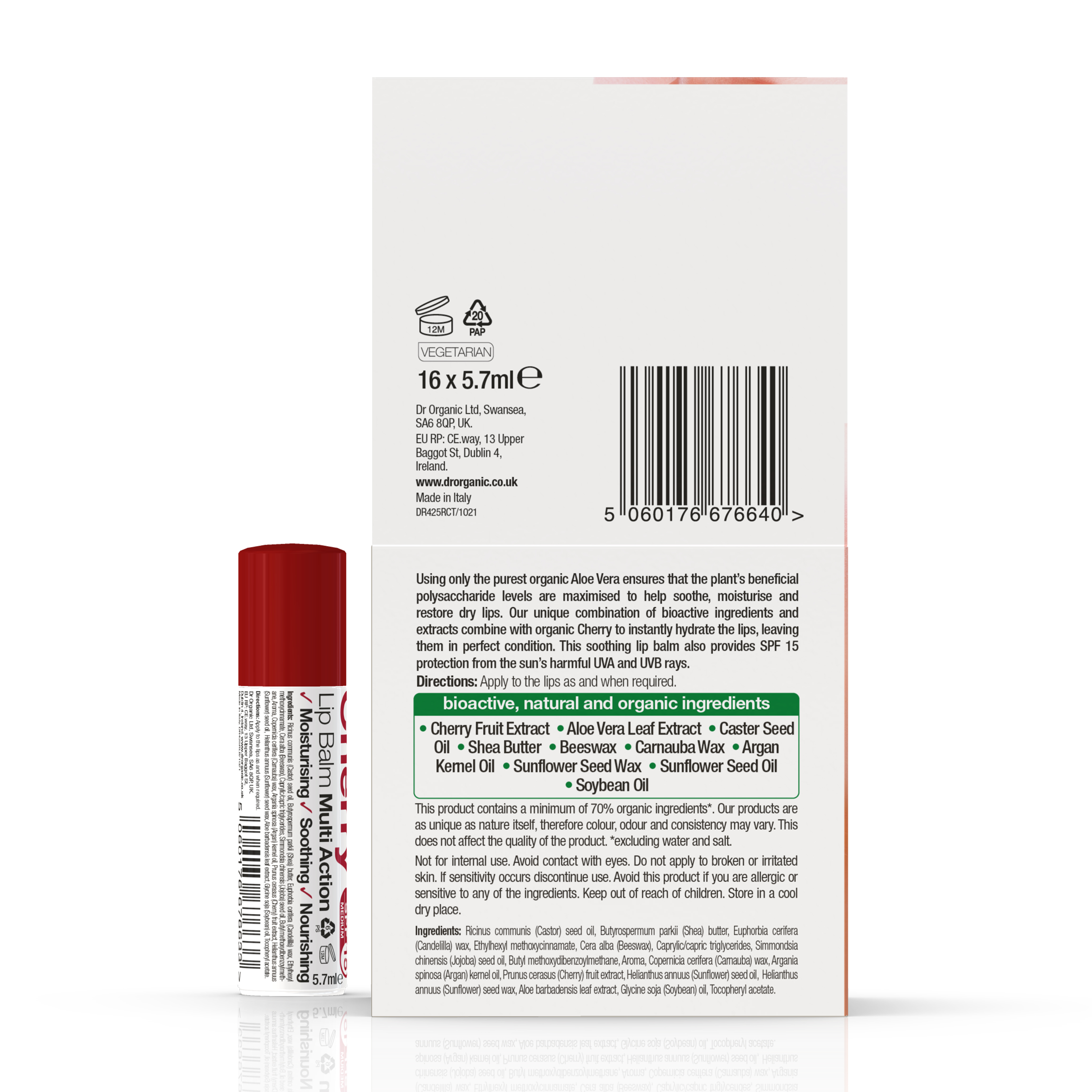 Bálsamo labial Organic Aloe Vera & Cherry SPF15 5,7 g Dr. Organic