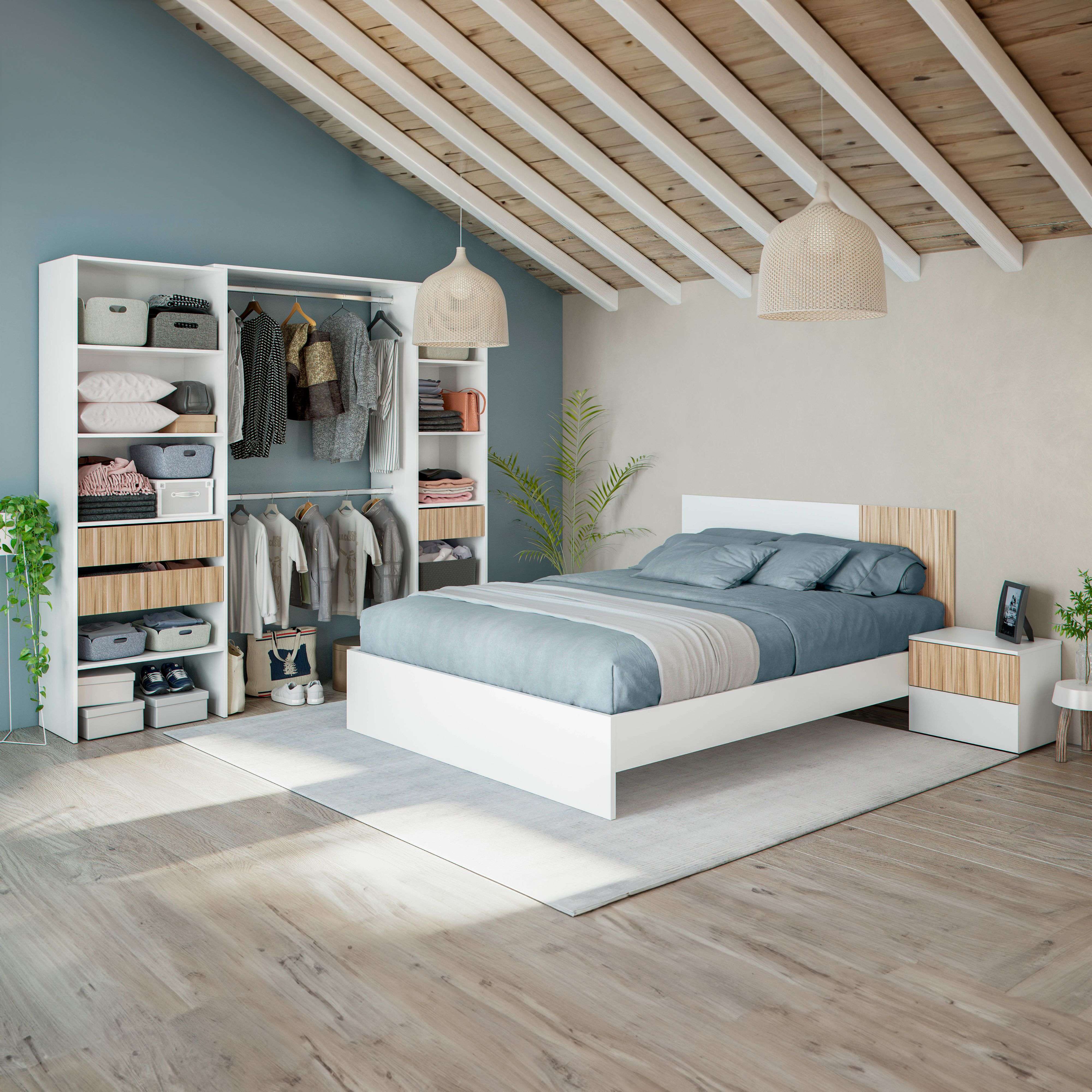 Miroytengo Pack Dormitorio Ethna Cama, Cabecero, Mesitas y Vestidor color Blanco Y Natur