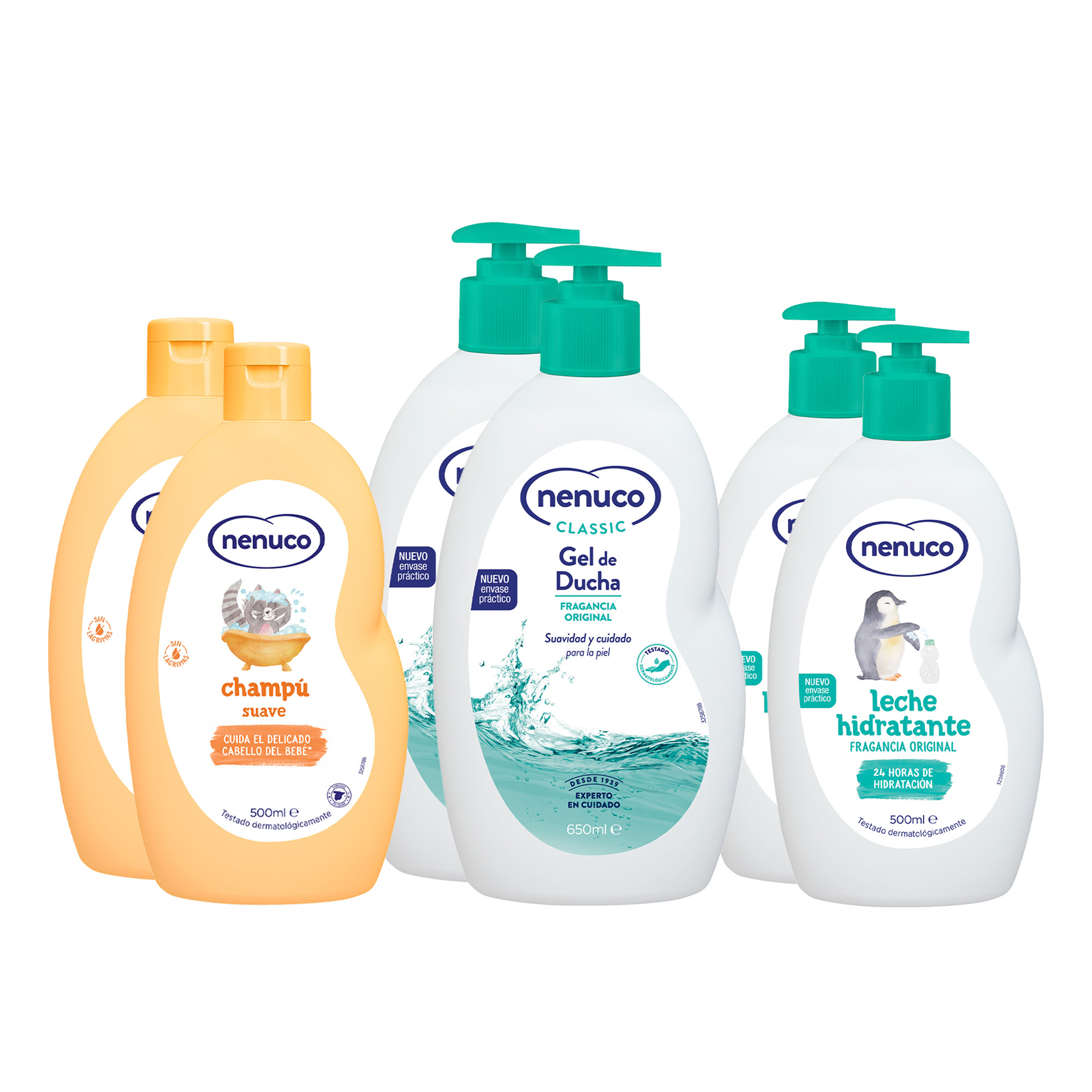 Nenuco Pack Cuidado Familiar | 2x Champú Suave Bebé 500 ml + 2x Leche Hidratante 500 ml + 2x Gel de Ducha Classic 650 ml | Fragancia Original | Leche de Almendras Dulces | Sin Lágrimas | Dermatológicamente Testado | Apto para Niños y Adultos