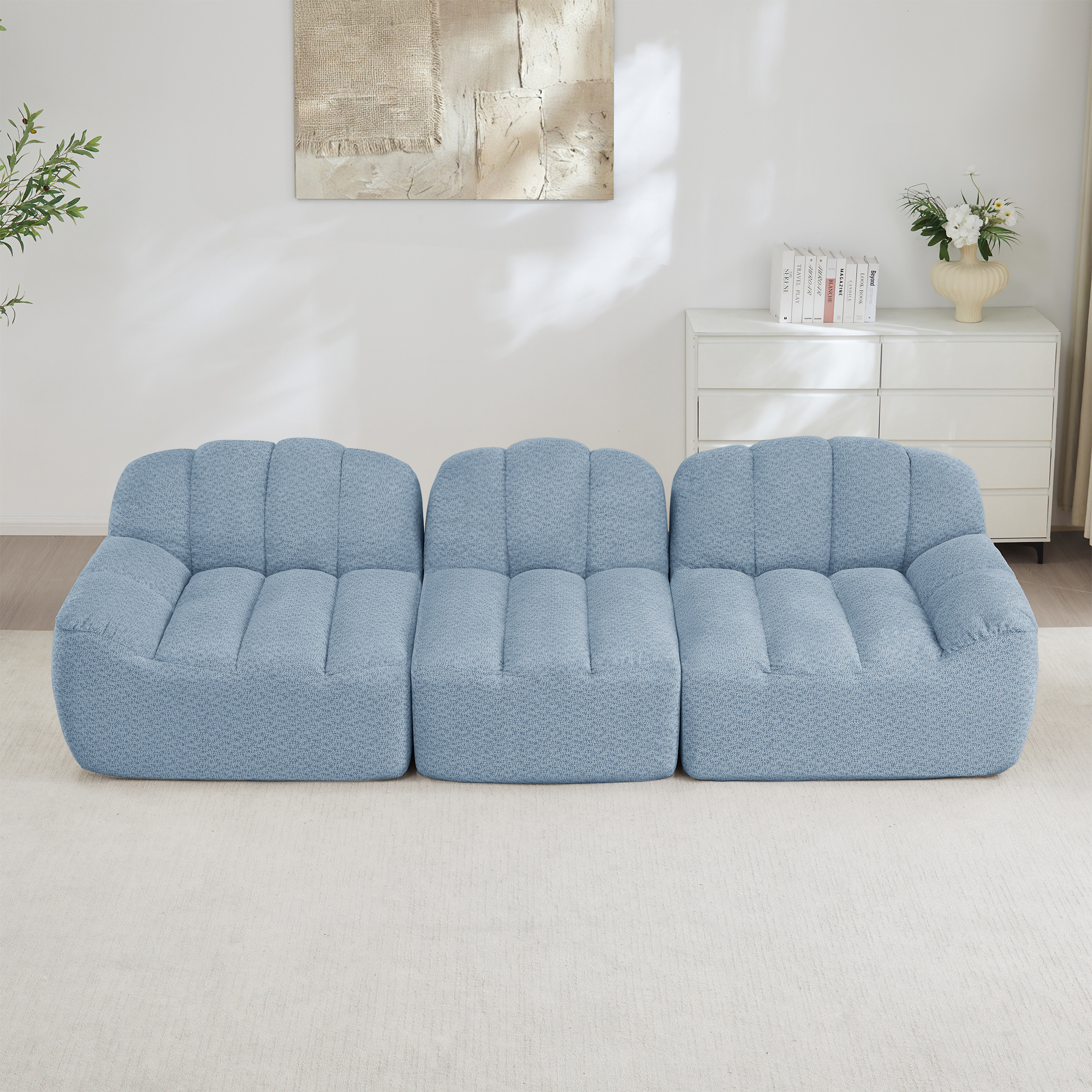 Canapé modulaire 3 places bleu sans structure rigide avec assise profonde et mousse haute densité 32D